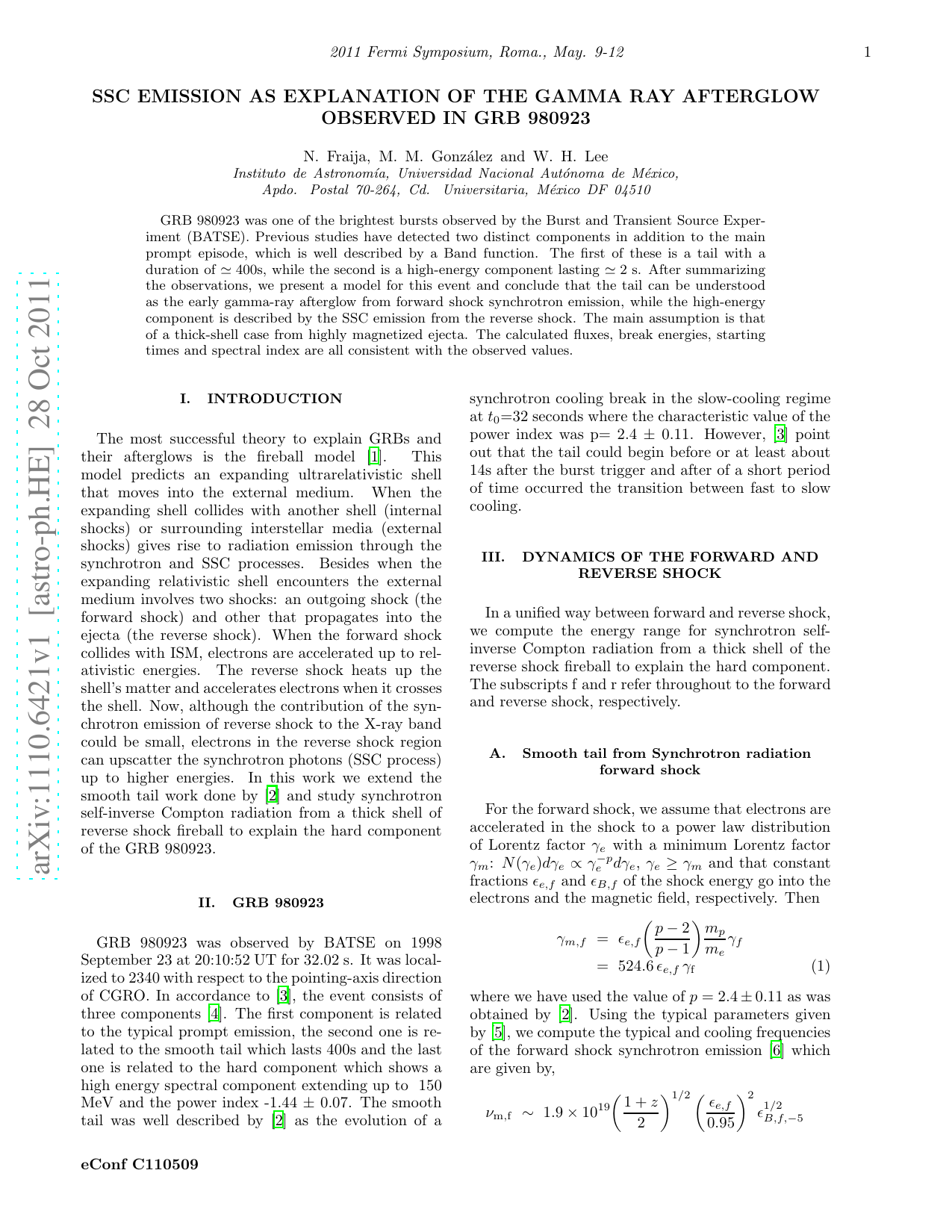 SSC Emission as Explanation of The Gamma Ray Afterglow Observed in GRB   980923