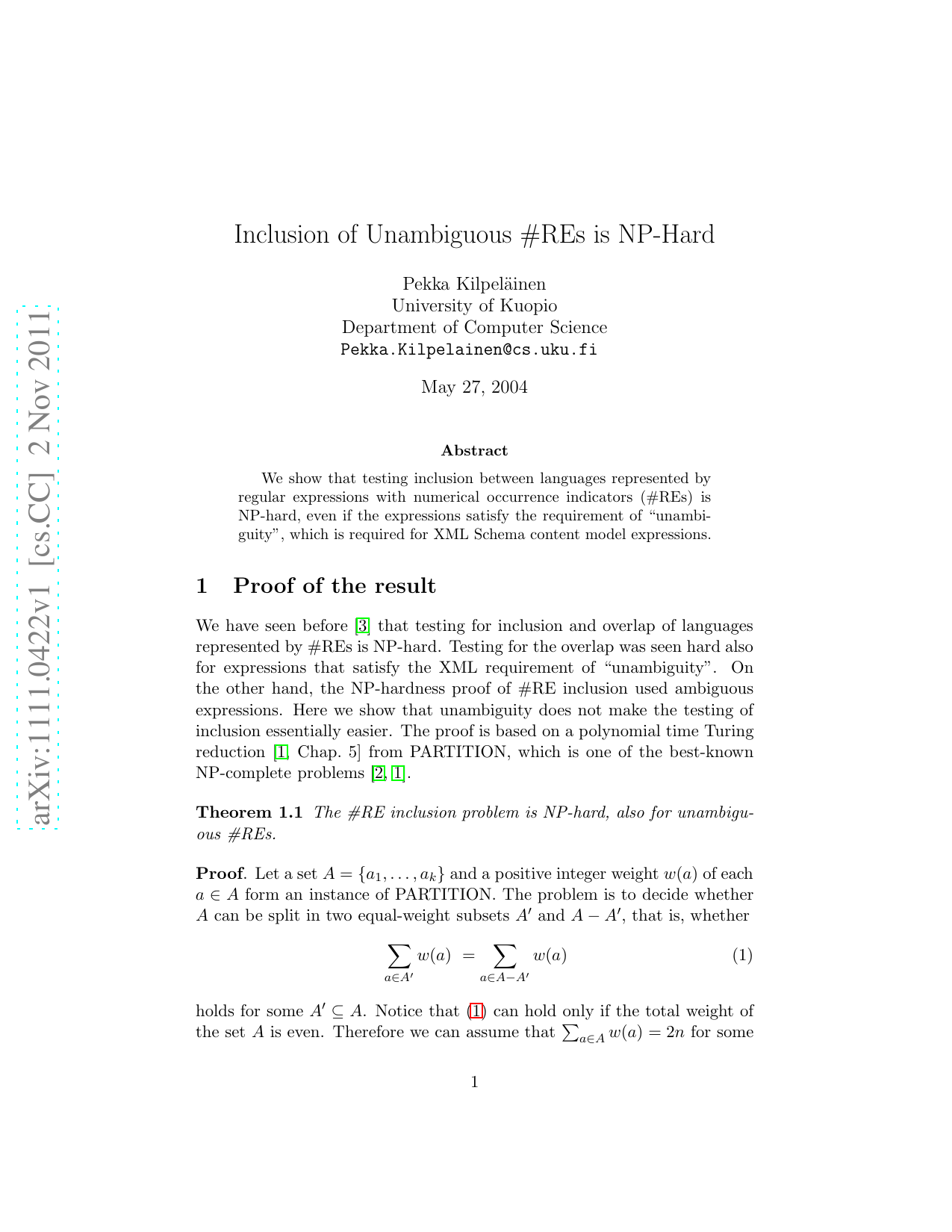 Inclusion of Unambiguous RE#s is NP-Hard