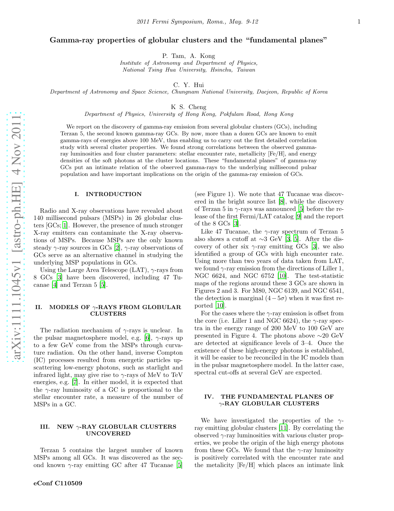 Gamma-ray properties of globular clusters and the 'fundamental planes'