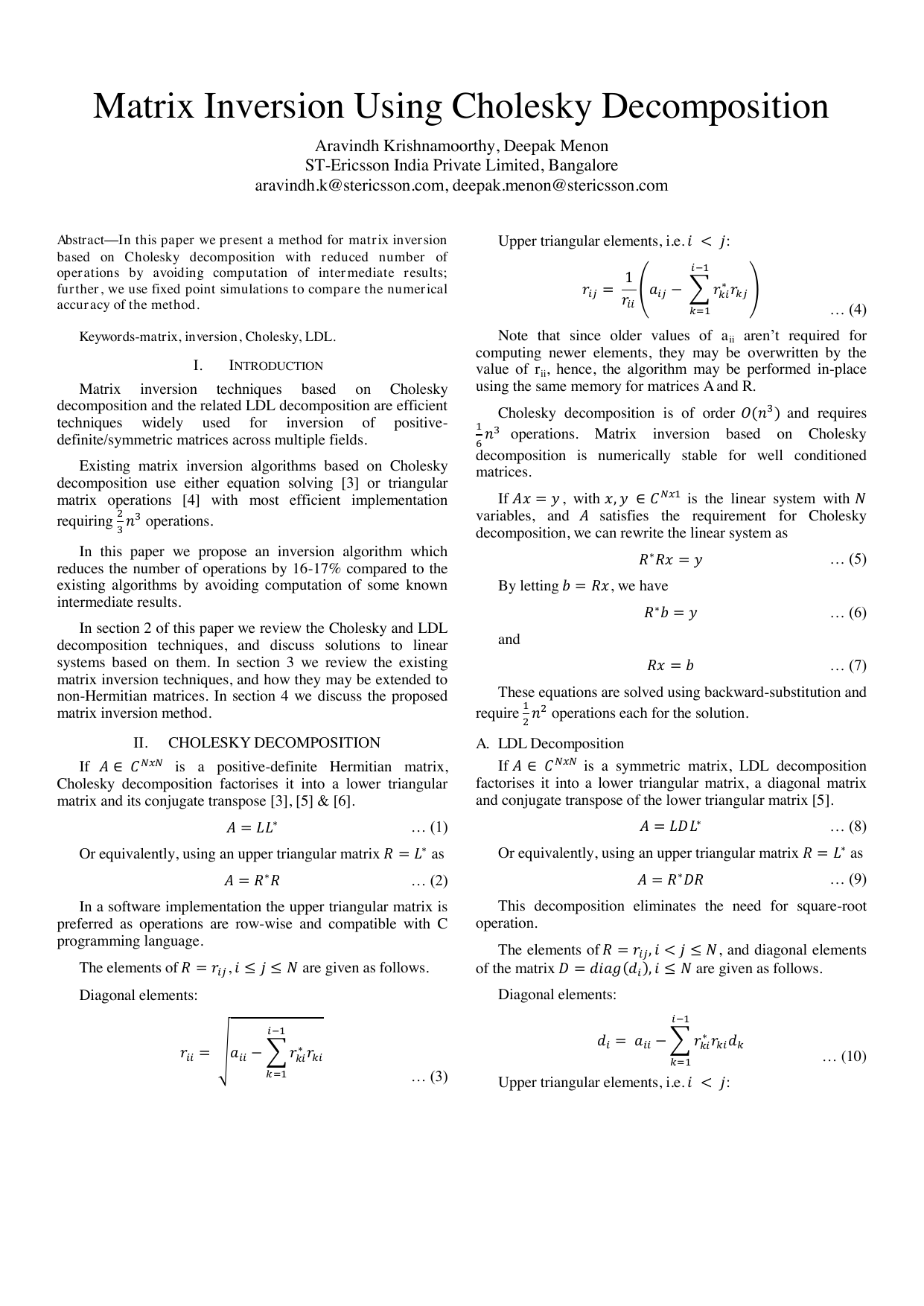 Matrix Inversion Using Cholesky Decomposition