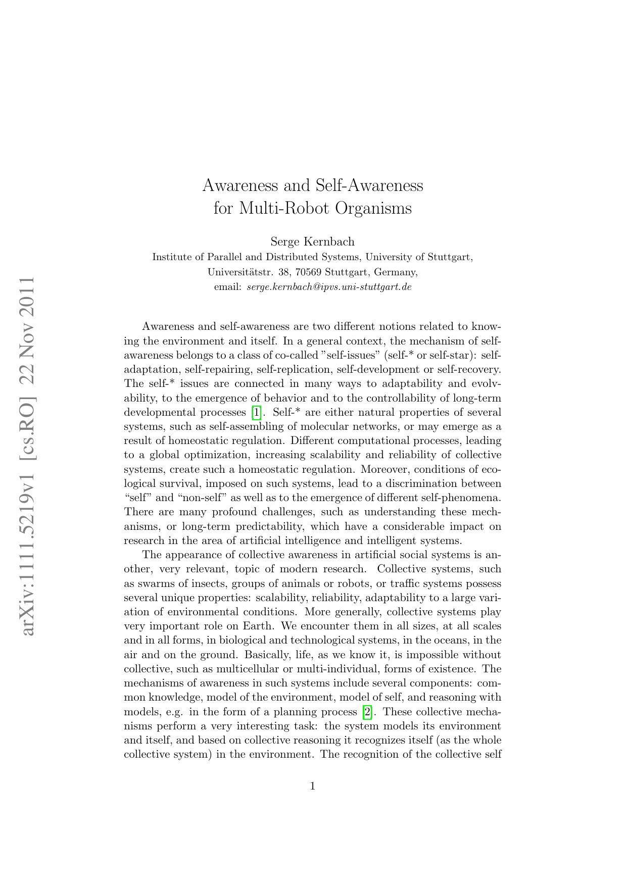 Awareness and Self-Awareness for Multi-Robot Organisms