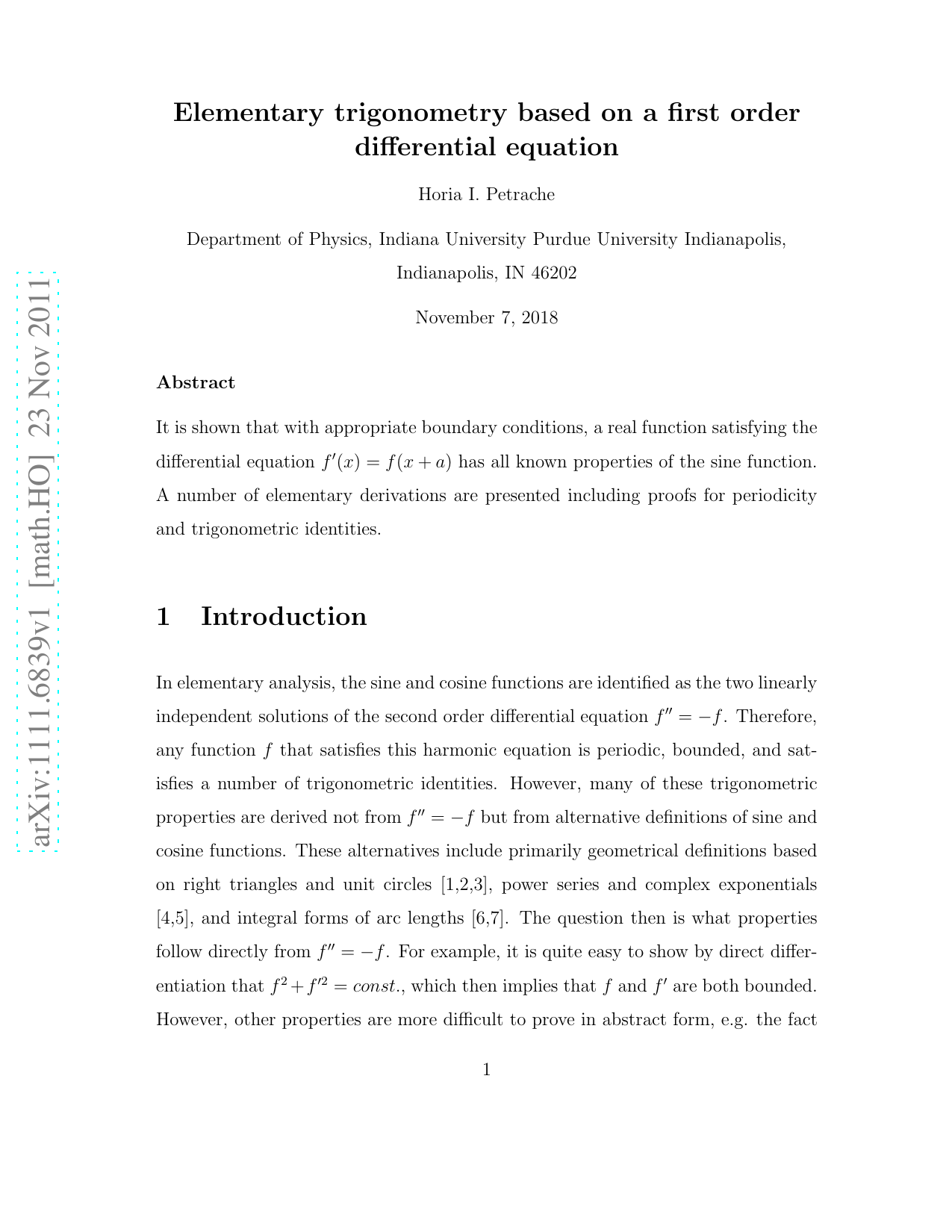 Elementary trigonometry based on a first order differential equation