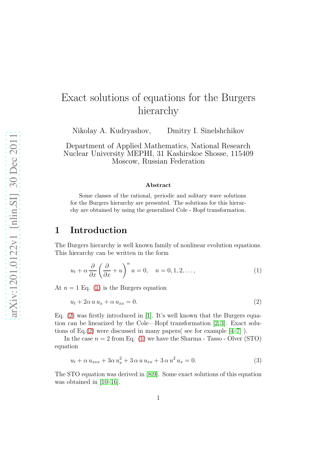 버거스 계층의 정확한 해와 일반화된 콜 호프 변환