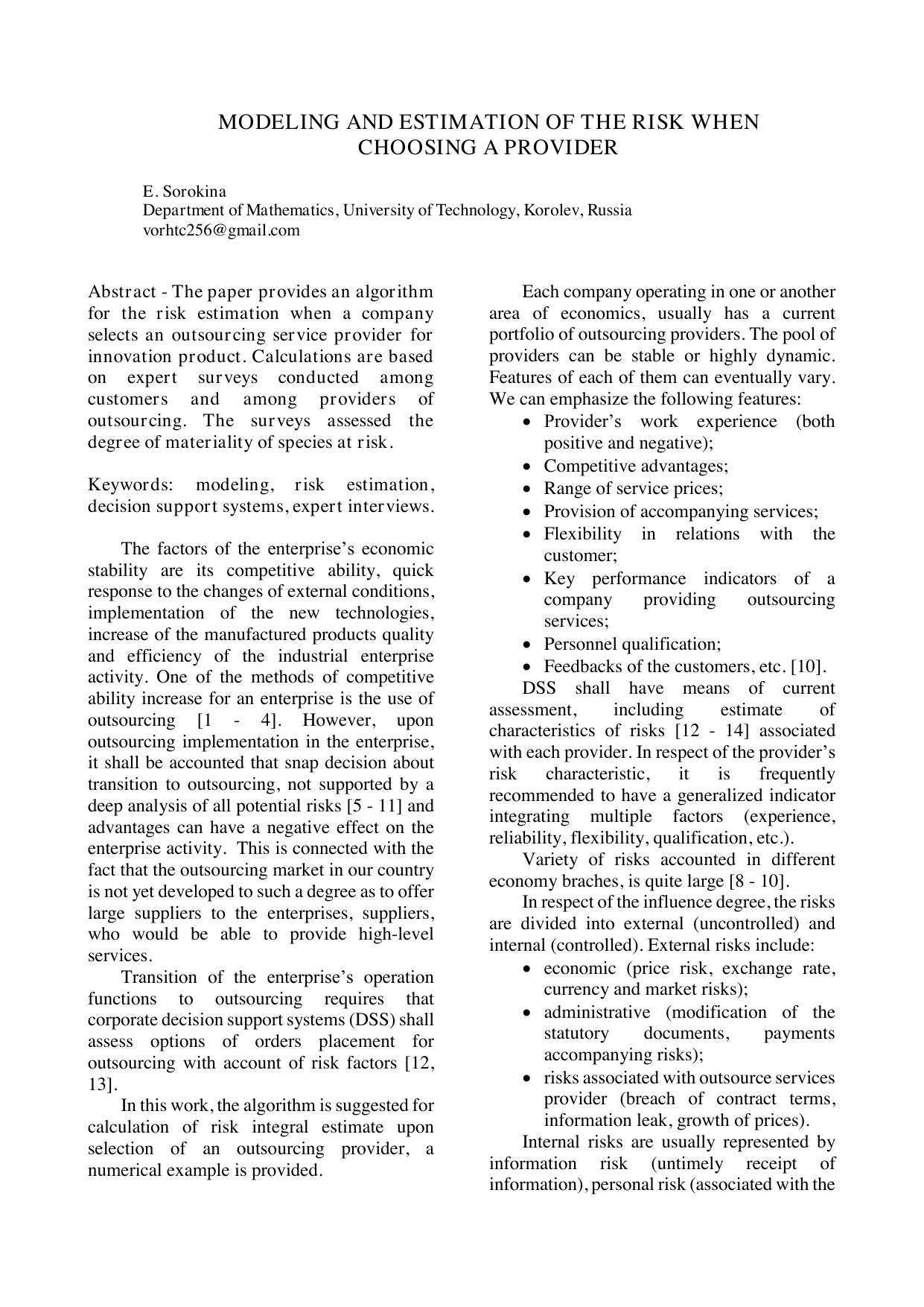 Modeling and Estimation of the Risk When Choosing a Provider