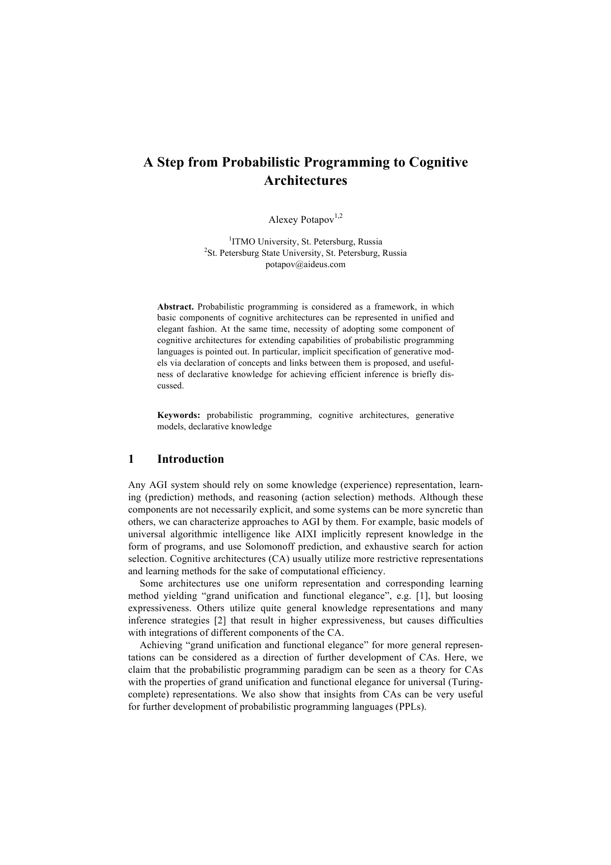 A Step from Probabilistic Programming to Cognitive Architectures