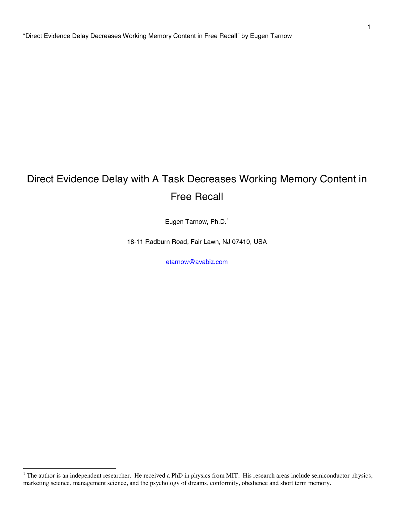 Direct Evidence Delay with A Task Decreases Working Memory Content in Free Recall