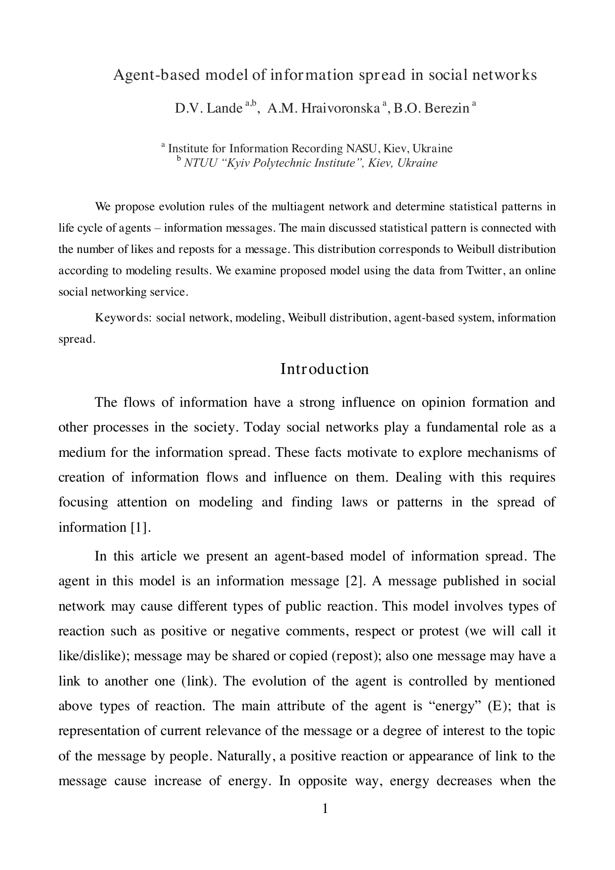 Agent-based model of information spread in social networks