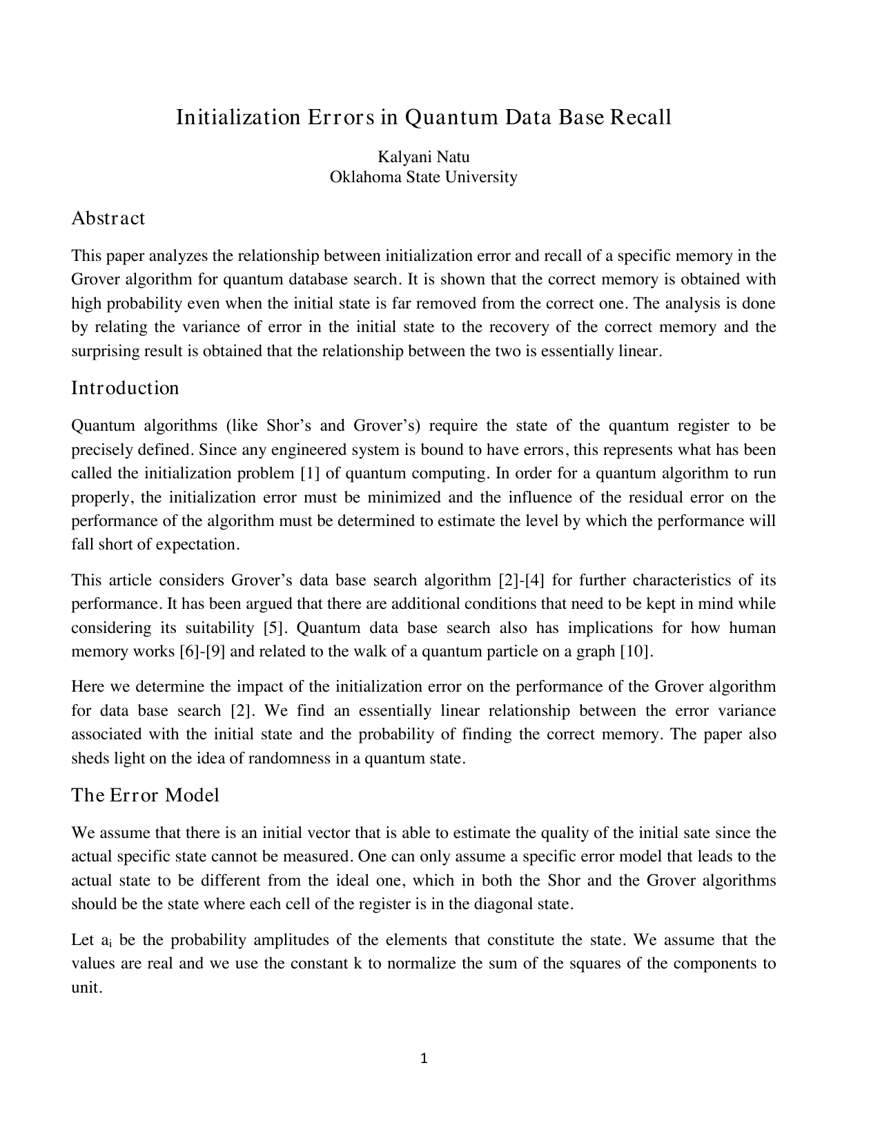 Initialization Errors in Quantum Data Base Recall