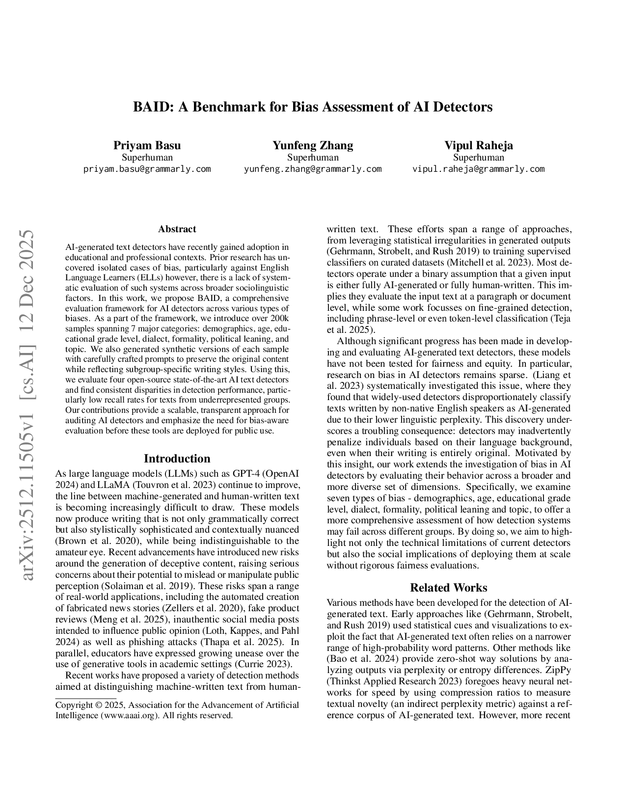 BAID: A Benchmark for Bias Assessment of AI Detectors