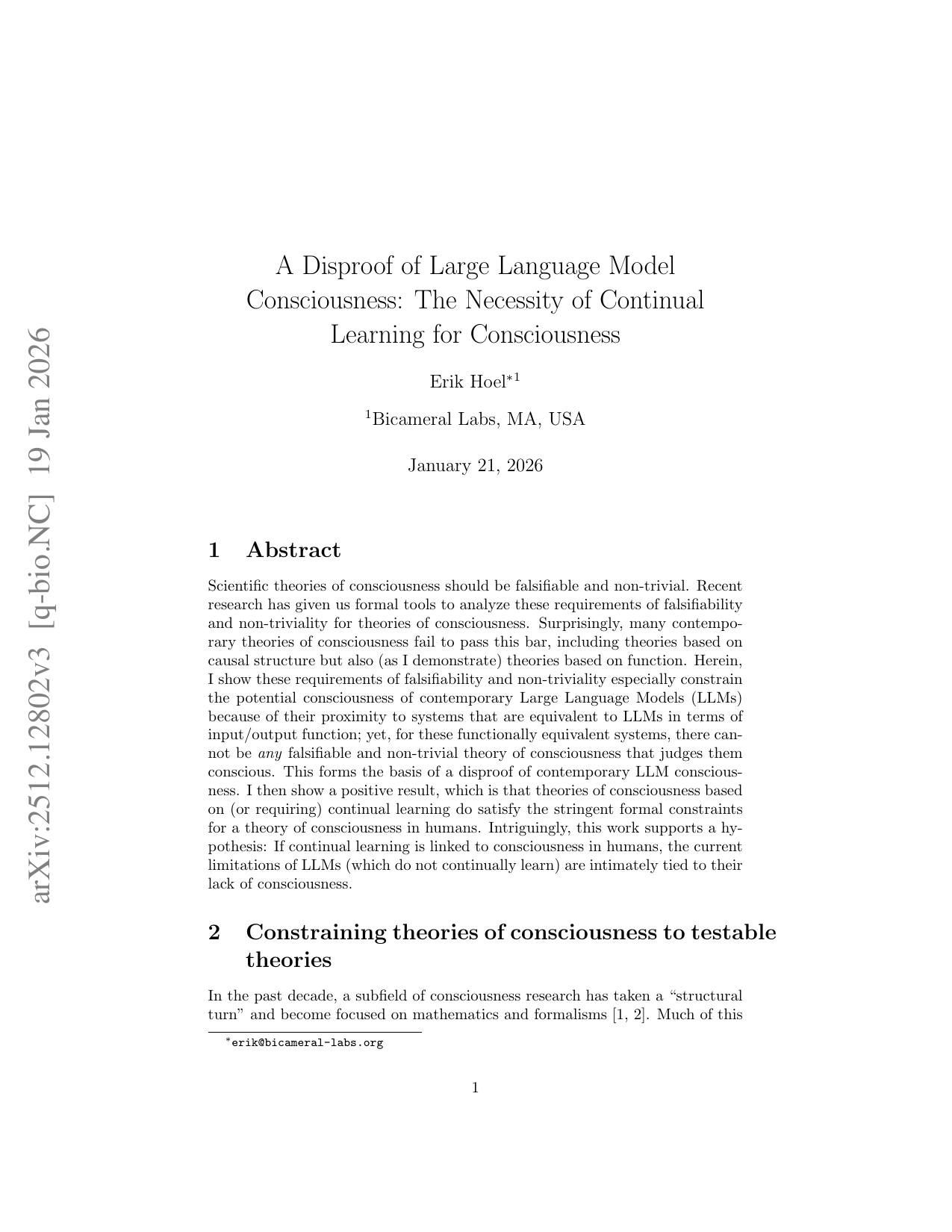 A Disproof of Large Language Model Consciousness: The Necessity of Continual Learning for Consciousness