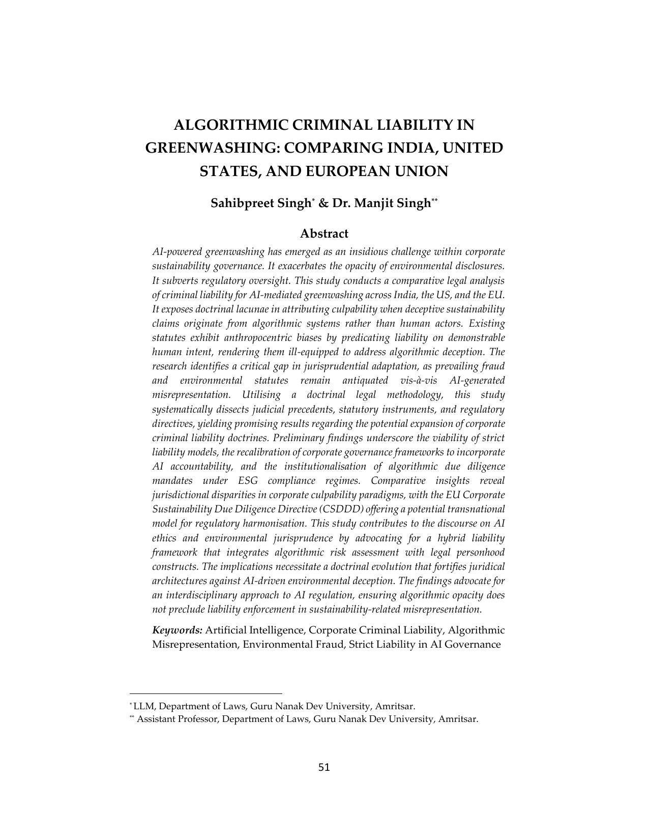 Algorithmic Criminal Liability in Greenwashing: Comparing India, United States, and European Union