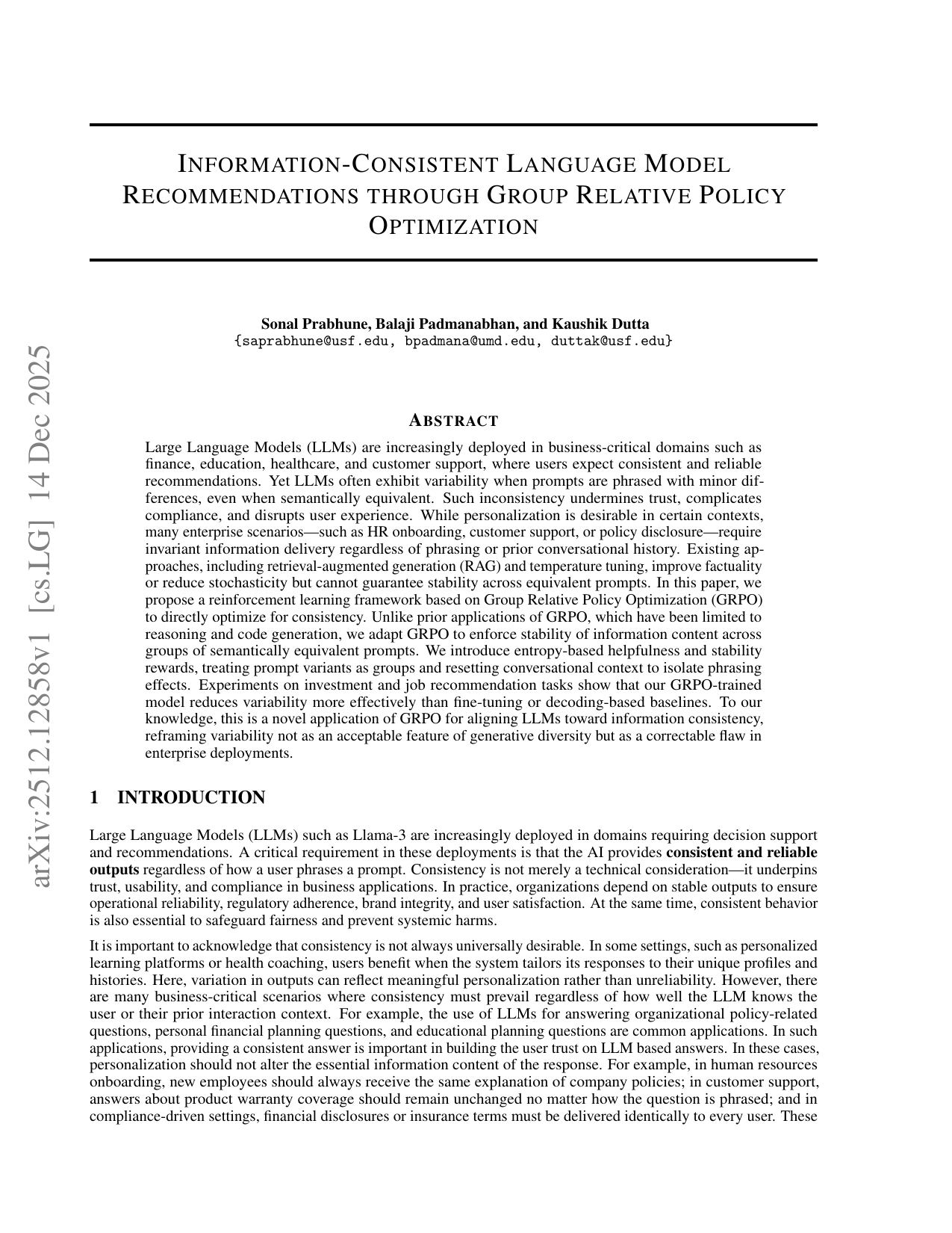 Information-Consistent Language Model Recommendations through Group Relative Policy Optimization