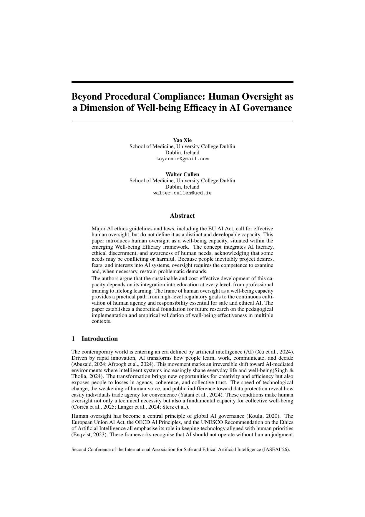 Beyond Procedural Compliance: Human Oversight as a Dimension of Well-being Efficacy in AI Governance