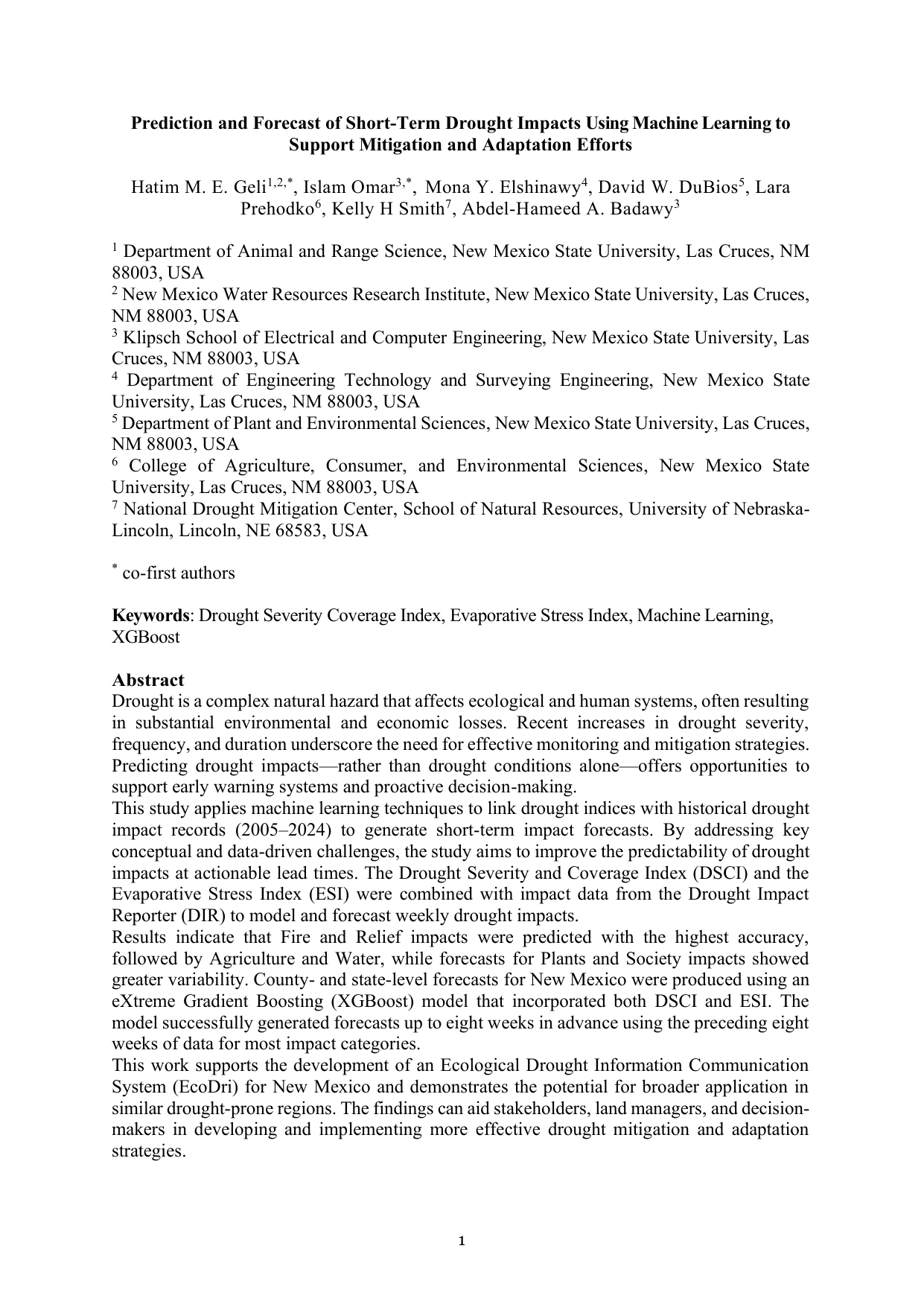 Prediction and Forecast of Short-Term Drought Impacts Using Machine Learning to Support Mitigation and Adaptation Efforts