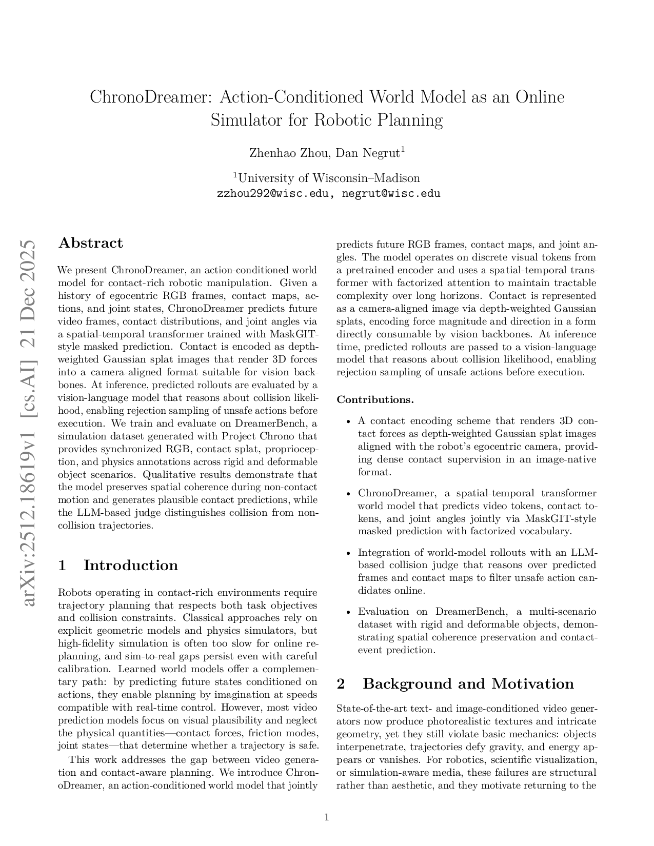 ChronoDreamer: Action-Conditioned World Model as an Online Simulator for Robotic Planning