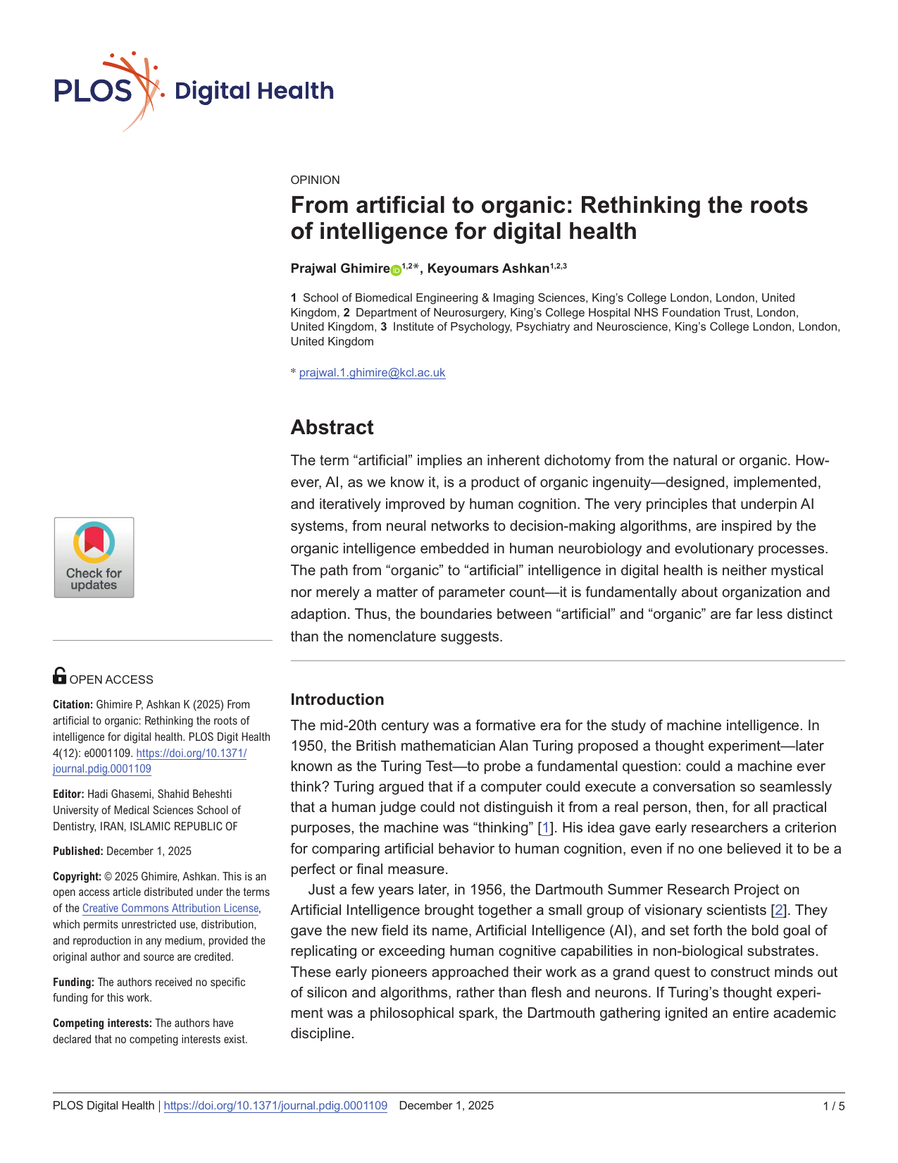 From artificial to organic: Rethinking the roots of intelligence for digital health