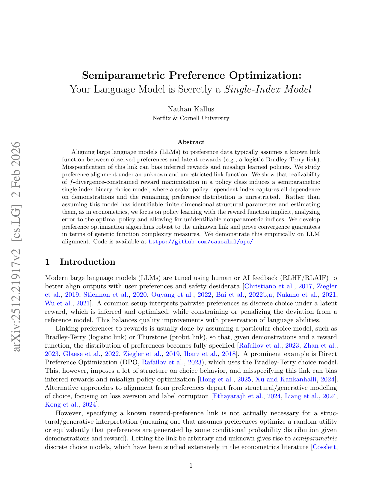 Semiparametric Preference Optimization: Your Language Model is Secretly a Single-Index Model