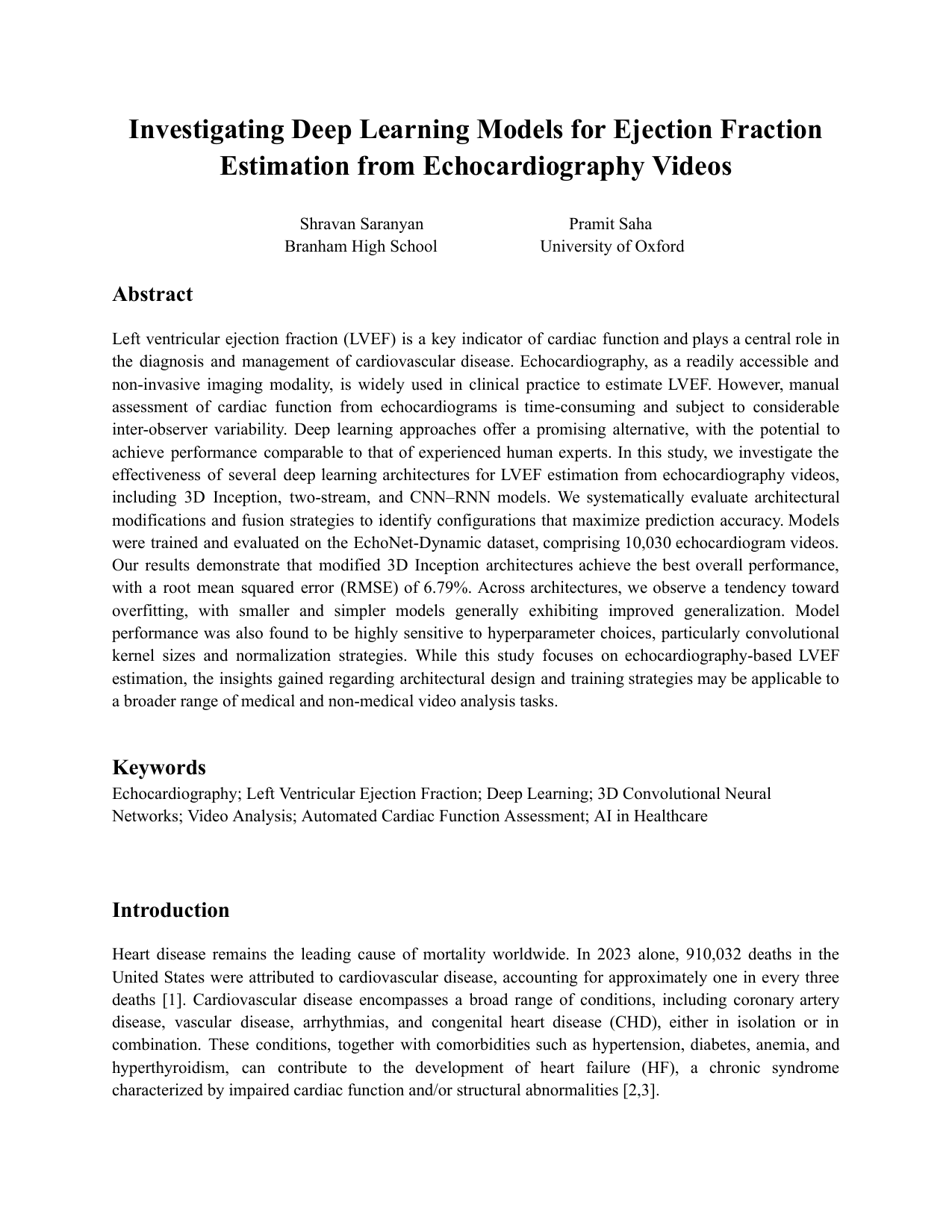 Investigating Deep Learning Models for Ejection Fraction Estimation from Echocardiography Videos