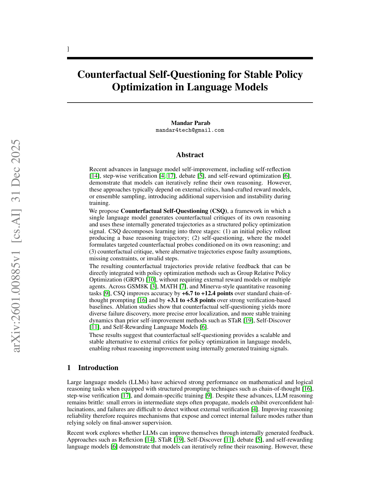 Counterfactual Self-Questioning for Stable Policy Optimization in Language Models