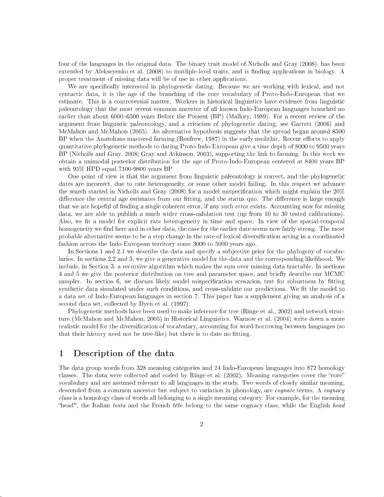 Missing data in a stochastic Dollo model for cognate data, and its   application to the dating of Proto-Indo-European